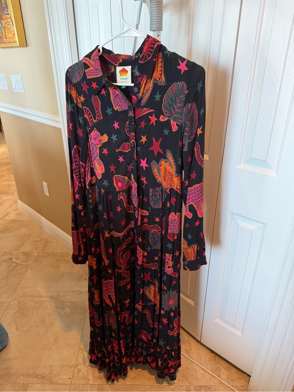 FARM Rio Black Maxi Dress with Pink & Orange Animal Print